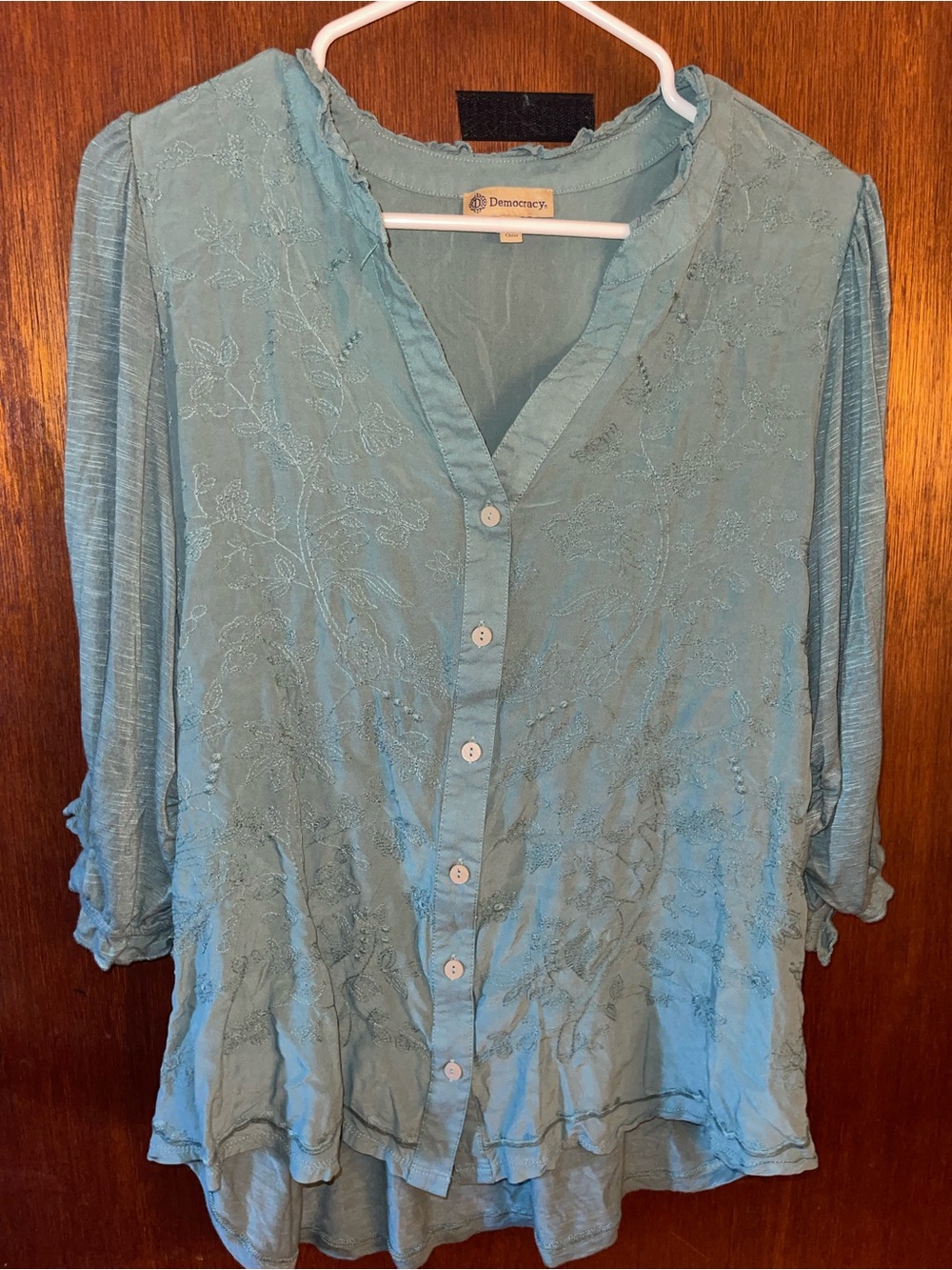 Democracy Light Teal Embroidered Button-Front Blouse